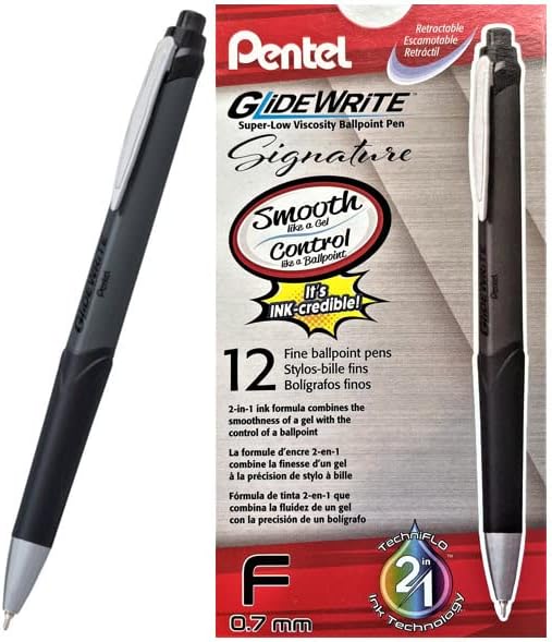 Pentel GlideWrite Signature Gun – Bolígrafo de barril de metal, (0.028 in), línea fina, con tinta recargable TechniFLO, paquete de 12 (negro)