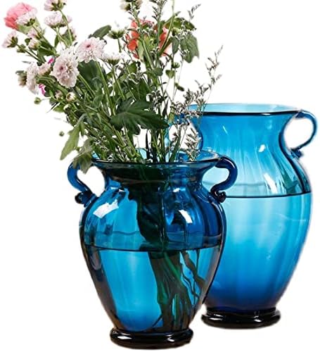 Lujoso florero de cristal azul para centro de mesa, florero de vidrio tintado transparente de alta calidad con asa, arreglo floral creativo de