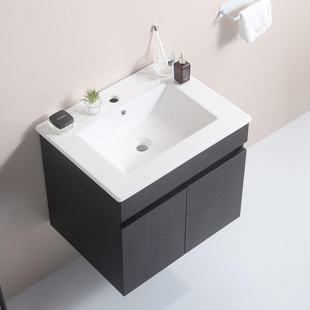Vanidad de baño de 24 pulgadas, tocador de baño montado en la pared con lavabo de cerámica blanca, dos puertas de gabinete de cierre suave, madera