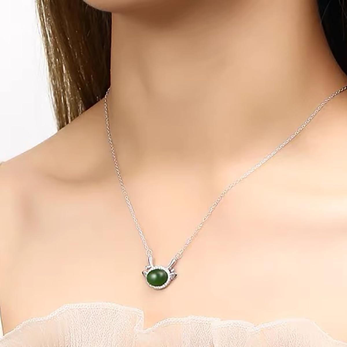 JKEIO Colgante de plata de ley 925 con circonita cúbica y bisel de ciervo, ajuste de 8 x 109 x 130.394 x 0.472 in, montaje ovalado, collar hecho a