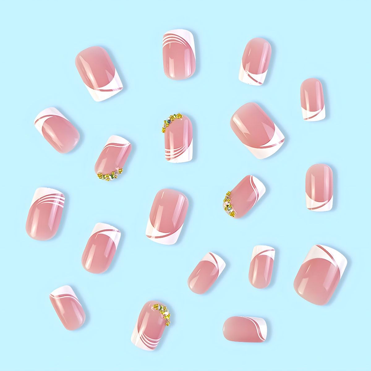 Uñas postizas cuadradas cortas a presión, 24 piezas de uñas postizas blancas francesas con diamantes de imitación, juego de herramientas adhesivas