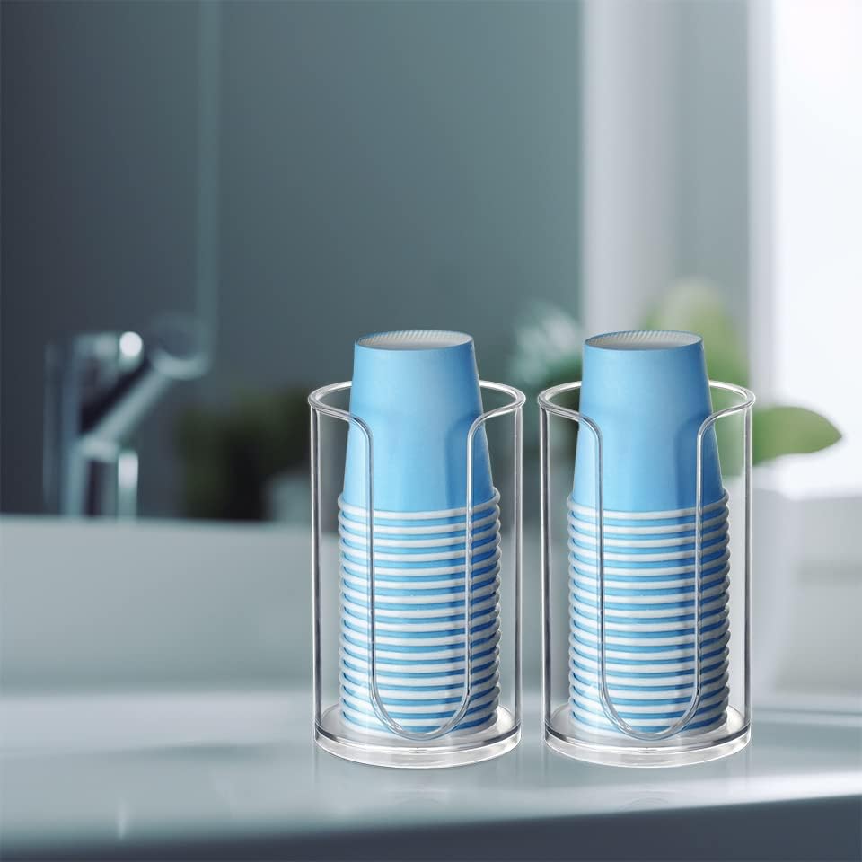 Dispensador de tazas de baño, paquete de 2 soportes pequeños desechables de papel para enjuague bucal de plástico transparente para encimera de