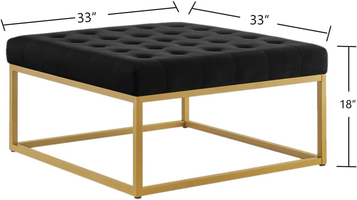 24KF – Mesa de café cuadrada, grande y copetuda estilo Edad Media asiento otomano tapizado en terciopelo, acolchado y con base de metal dorado,