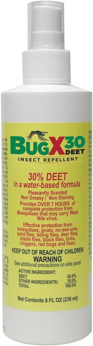 Bug X 30 Spray repelente de mosquitos, garrapatas e insectos con 30% DEET (botella de 8 onzas), más de 7 horas de protección contra 12 tipos de