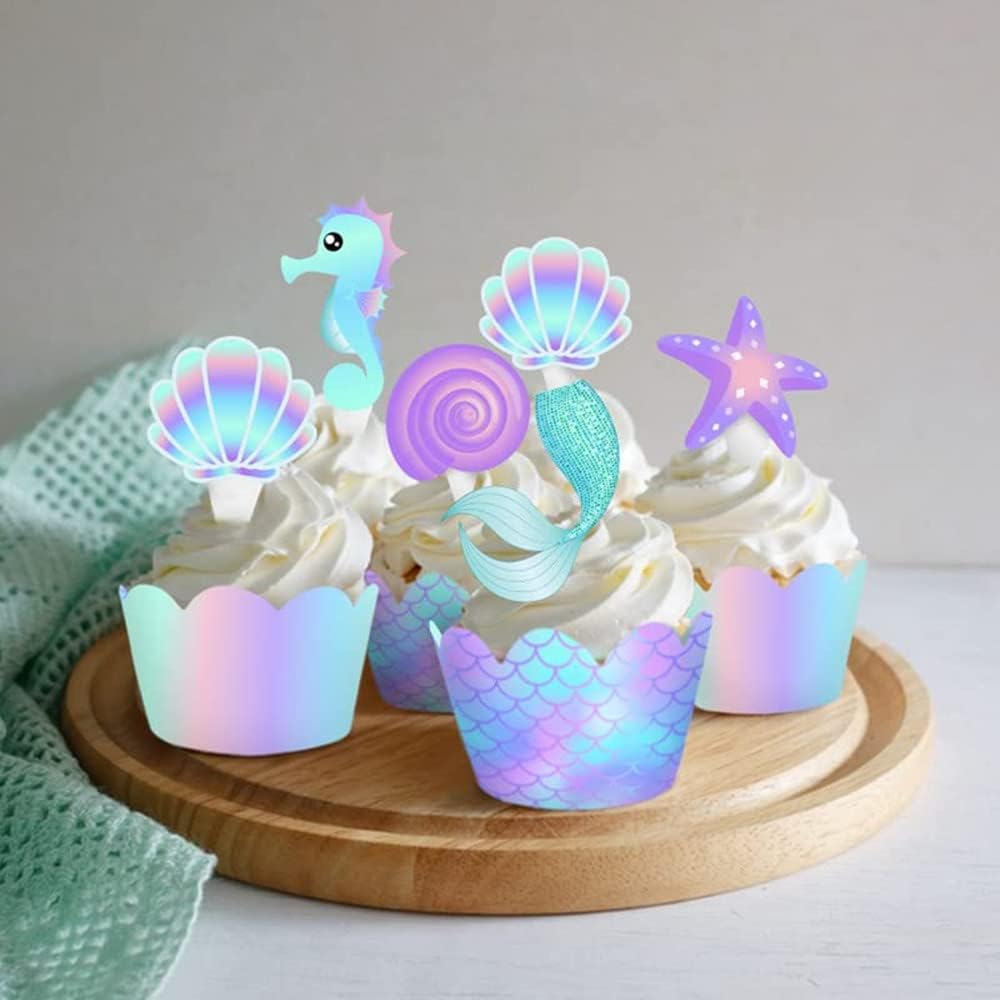 40 adornos y envoltorios para cupcakes de doble cara de sirena, decoración temática de sirenita para baby shower, bajo el mar, fiesta de cumpleaños