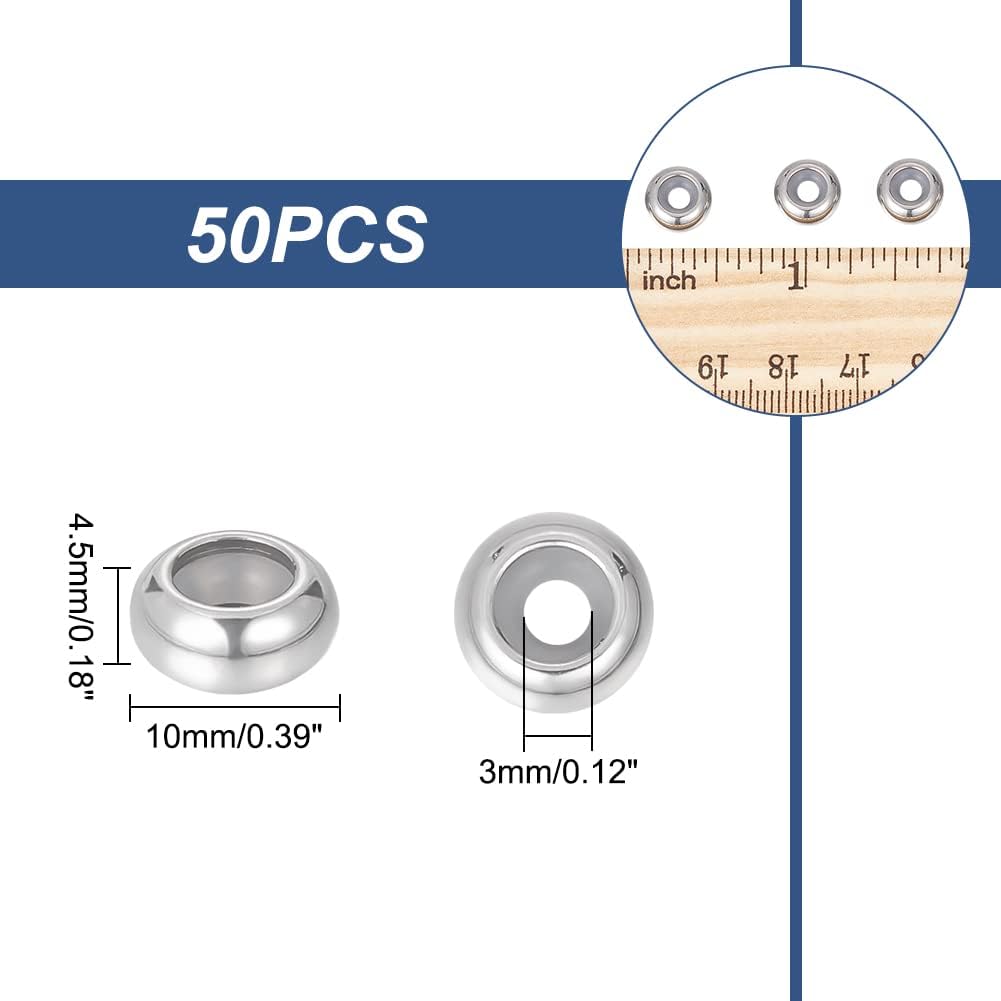 UNICRAFTALE 50pcs 0.394 in Diámetro 201 Acero Inoxidable Caucho Tope de Caucho Plano Redondo Posicionamiento Espaciador Perlas de Metal Slider