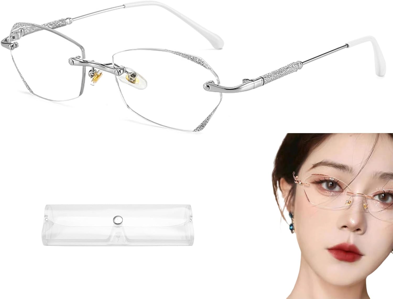 Donpidd Gafas de lectura sin montura de luz anti-azul de moda, gafas de presbicia de luz anti-azul sin montura de diamante para mujer