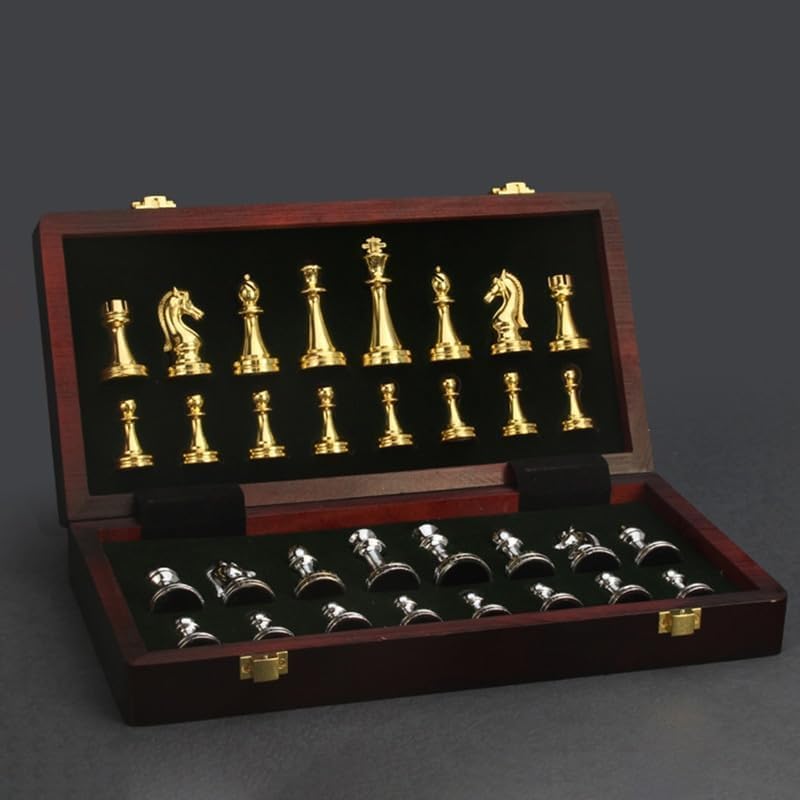 MaGILL Juego de ajedrez internacional de ajedrez de madera, tablero de ajedrez plegable grande con piezas de ajedrez de metal dorado y plateado con