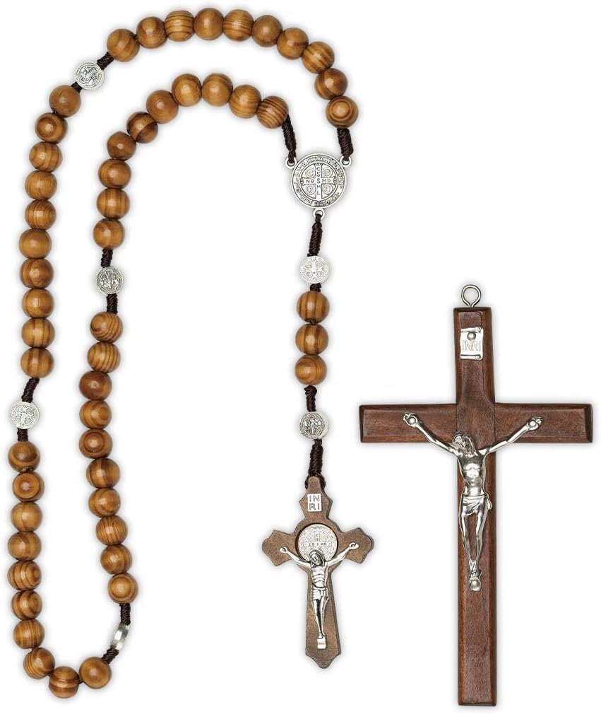 TEMSOOM Crucifijo de pared, cruz católica hecha a mano con cuentas de rosario de madera, collar de cruz de madera, colgante pectoral de crucifijo,