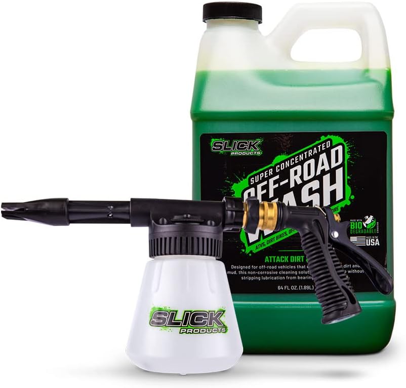 Slick Products Lavado todoterreno (64 onzas) + paquete de pistola de espuma de manguera de jardín, champú de espuma súper concentrado para