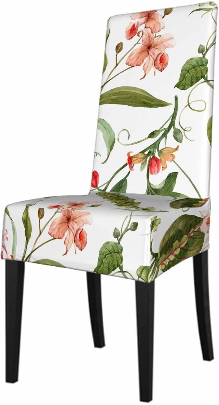 Funda de asiento de silla de orquídea tropical acuarela, follaje de palmera, plantas exóticas, poliéster, decoración elástica para el hogar,