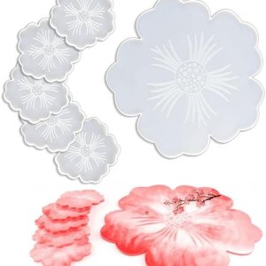 Juego de 6 moldes de silicona para posavasos de silicona, 1 grande y 5 pequeños de flor de cerezo, moldes de resina epoxi, moldes de resina de Juego de 6 moldes de silicona para posavasos de silicona, 1 grande y 5 pequeños de flor de cerezo, moldes de resina epoxi, moldes de resina de