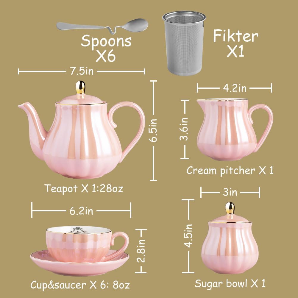 Juegos de té de porcelana de la serie British Royal, tazas y platillo de 8 onzas para 6, con tetera, azucarero, jarra de crema, cucharaditas y