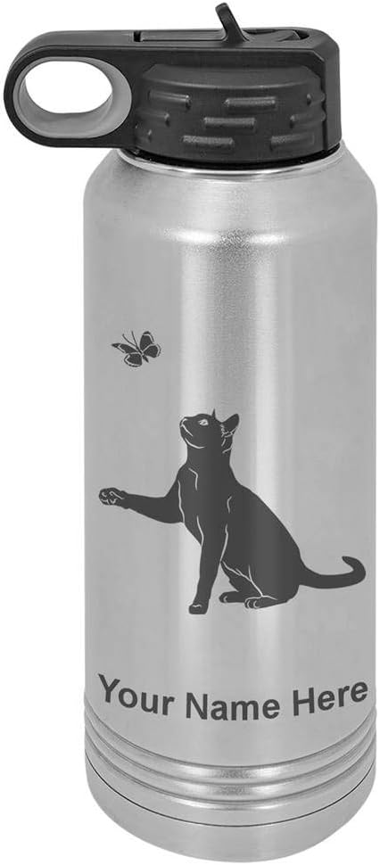 LaserGram Botella de agua de doble pared abatible de 32 onzas con pajilla, gato con mariposa, grabado personalizado incluido (acero inoxidable)