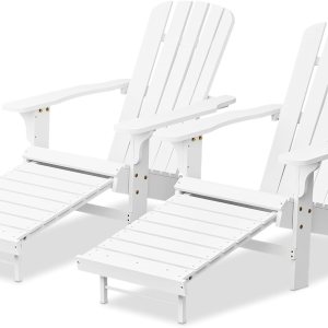 MoNiBloom Juego de 2 sillas Adirondack blancas con otomana retráctil, cómodas sillas de madera de abeto para todo tipo de clima, para patio trasero, MoNiBloom Juego de 2 sillas Adirondack blancas con otomana retráctil, cómodas sillas de madera de abeto para todo tipo de clima, para patio trasero,