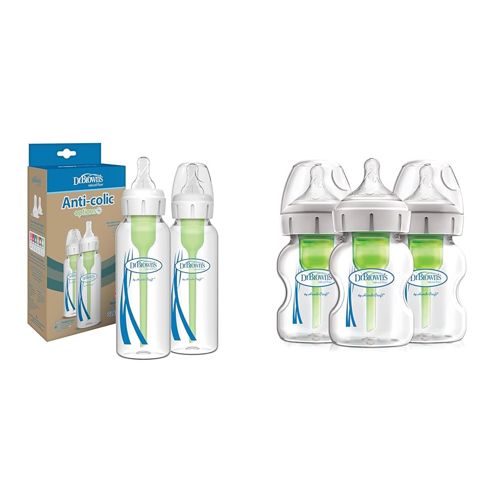 Dr. Brown’s Natural Flow Options+ Biberones de vidrio estrecho, 8 oz & Dr. Brown’s Natural Flow Anti-Colic Options+ Biberones de vidrio de cuello