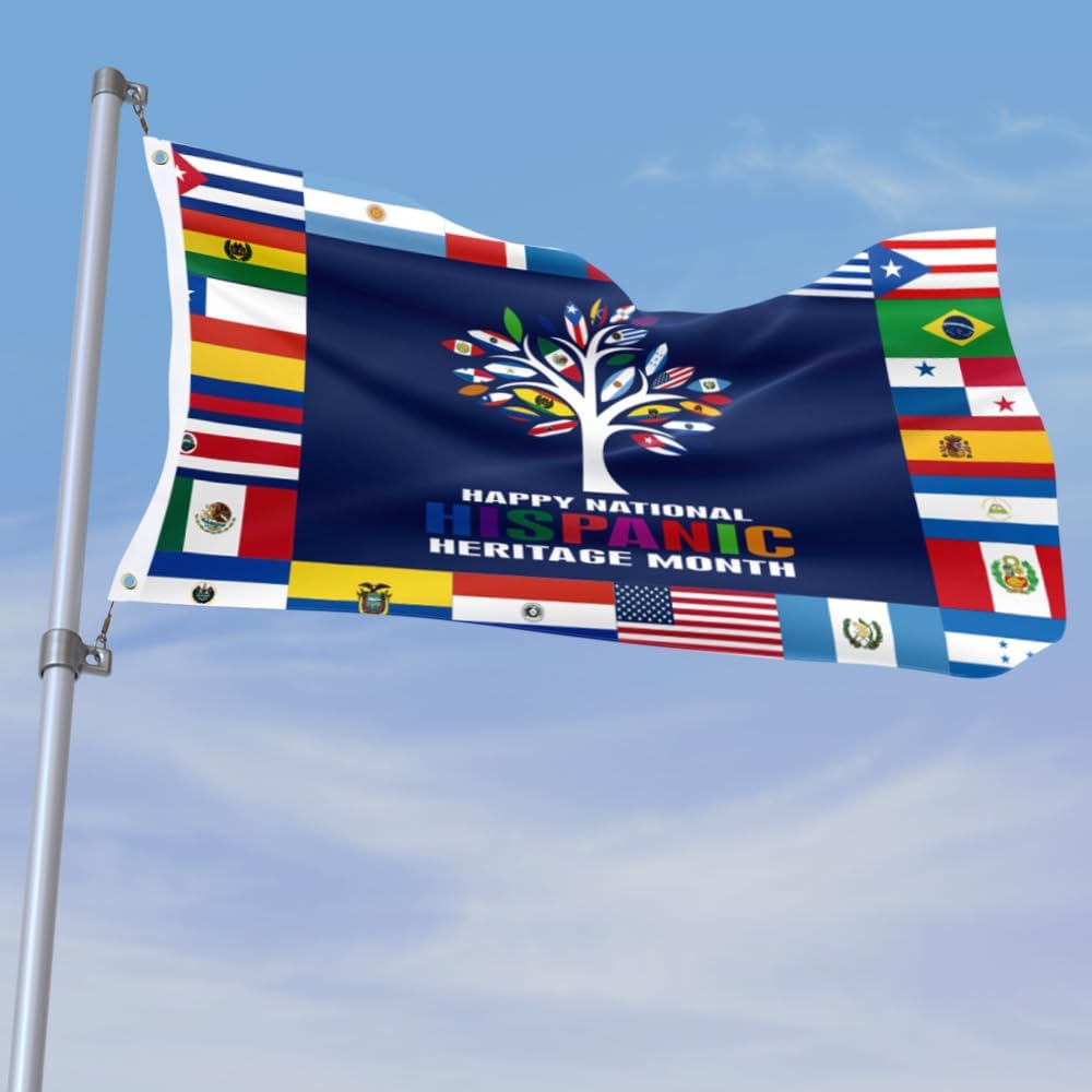 Bandera de árbol de 3 x 5 pies, bandera nacional del mes de la herencia hispana con ojales de latón para jardín al aire libre, césped, patio,