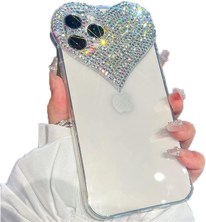 Funda transparente con purpurina compatible con iPhone 15 Pro Max, diseño de corazón 3D con diamantes de imitación femeninos brillantes y corazones