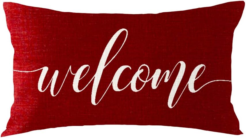 Juego de 2 fundas de cojín decorativas de lino y algodón, con frase en rojo, para cama familiar, sofá y exteriores, 12 x 20 pulgadas (rojo oscuro)