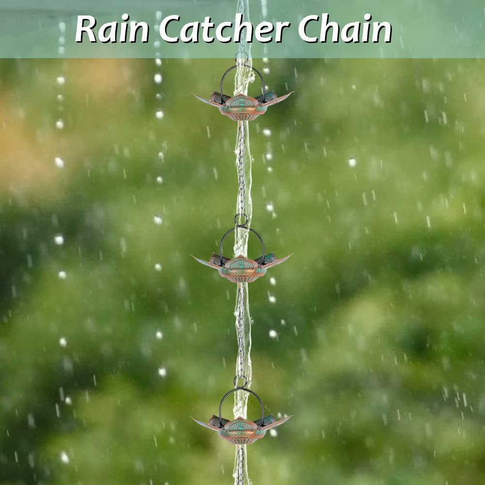 Cadena de lluvia de loto de 8.3 pies, 12 tazas de flores de hierro grueso cadenas de lluvia para canalones, cadena ajustable para drenaje de aleros,