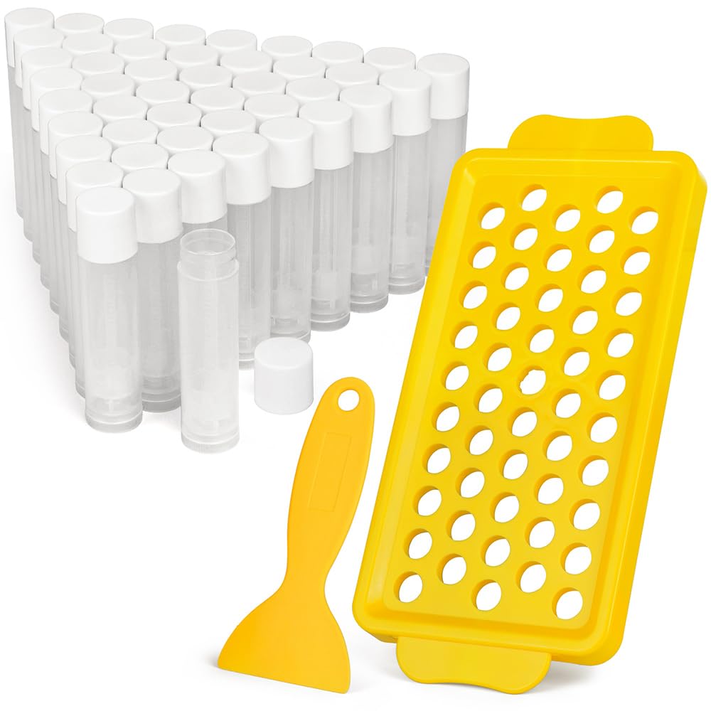 LotFancy Tubos de bálsamo labial con bandeja de llenado y espátula, 50 unidades de 0.2 fl oz (316 onzas) recipientes de bálsamo labial transparentes