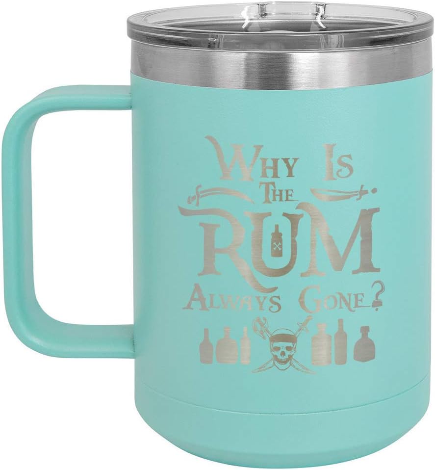ONLYGIFTS.COM – Taza de café con tapa deslizante para hombre y mujer, diseño con texto en inglés “Why is the rum always gone”, 1.3fl oz, Verde