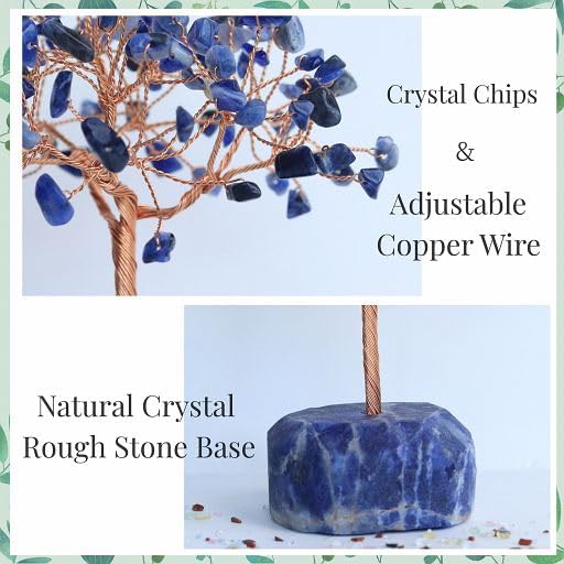 YATOJUZI Árbol de cristales de sodalita azul, base de piedras preciosas naturales, alambre de cobre, árbol de la vida para energía positiva, Reiki,