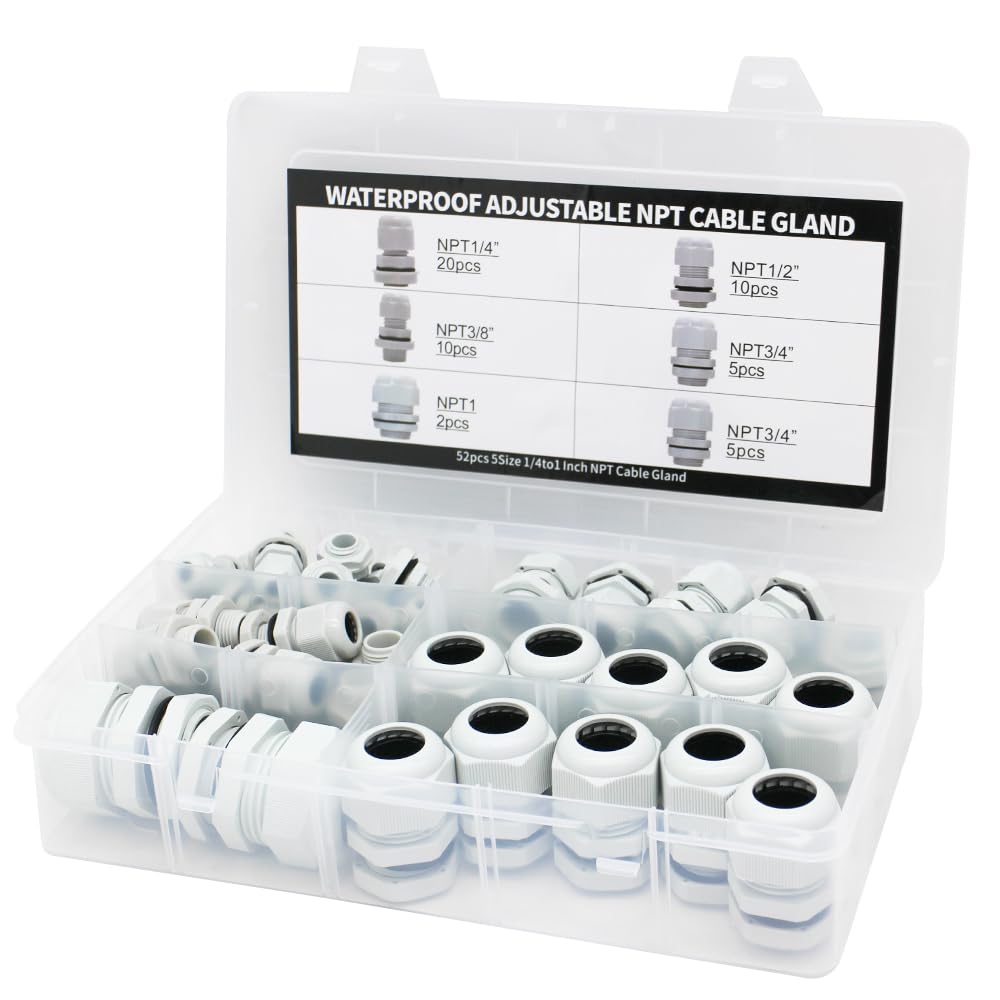 Kit de prensaestopas tipo NPT de 14″, 38″, 12″, 34″, kit de fijación de cables y conectores – IP68 para caja de conexiones impermeable y alivio de