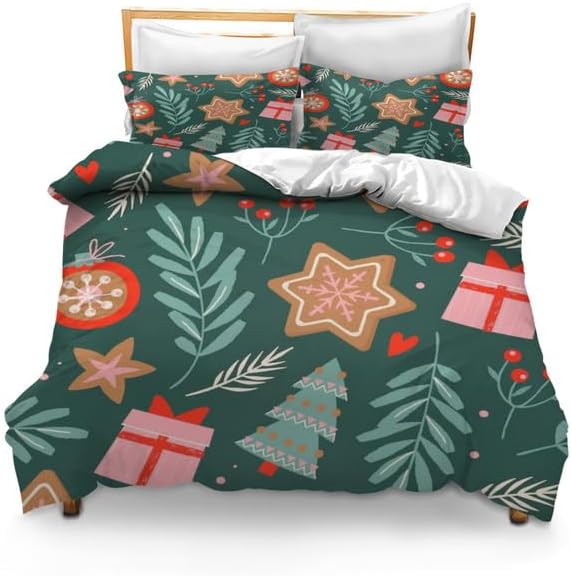 Bidesign Juego de funda de edredón tamaño Queen con temática navideña (diseño de cerezaárbol de Navidadcampana) para vacaciones (1 funda de edredón