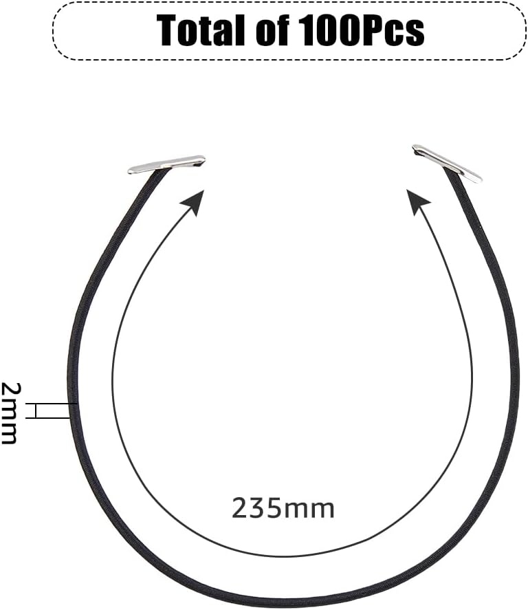 SUPERFINDINGS 100 unidades de cordón elástico negro de púas con extremos de metal, cordón elástico con púas, banda elástica con púas de metal para
