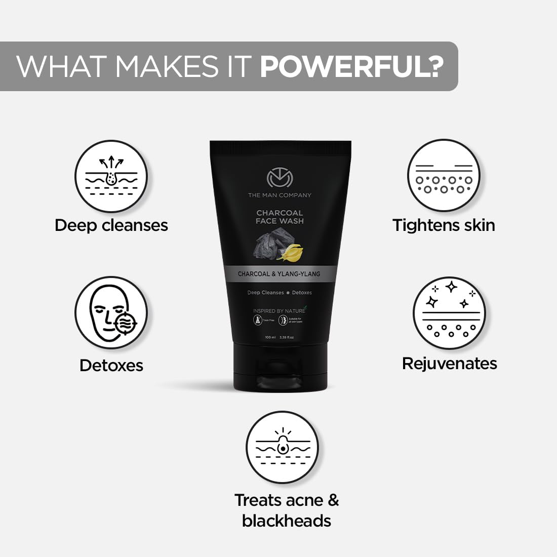 The Man Company Lavado facial de carbón activado para menylang ylang y argán aceites esenciales contaminación, control de aceite de acné, limpieza