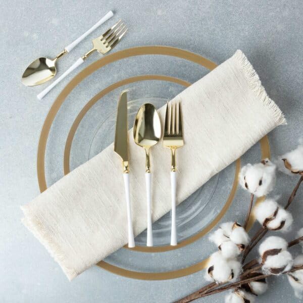 Blue Sky Infinity Flatware – Tenedores de cena dorados y blancos, 20 unidades, cubiertos de plástico desechables elegantes para eventos y fiestas