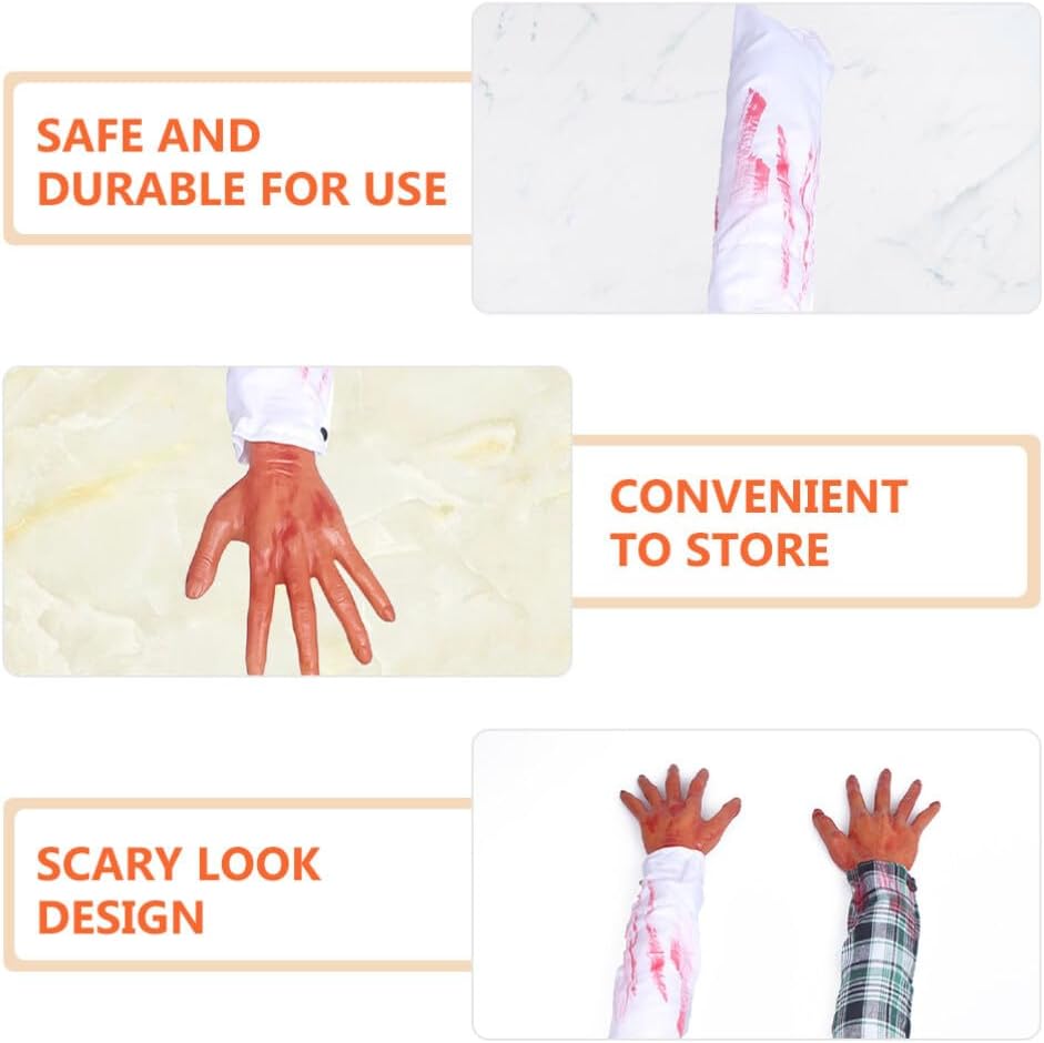 PRETYZOOM 2 piezas de brazo falso de Halloween, manos ensangrentadas rotas, partes del cuerpo de mano dividida, accesorios de miedo, broma para casa