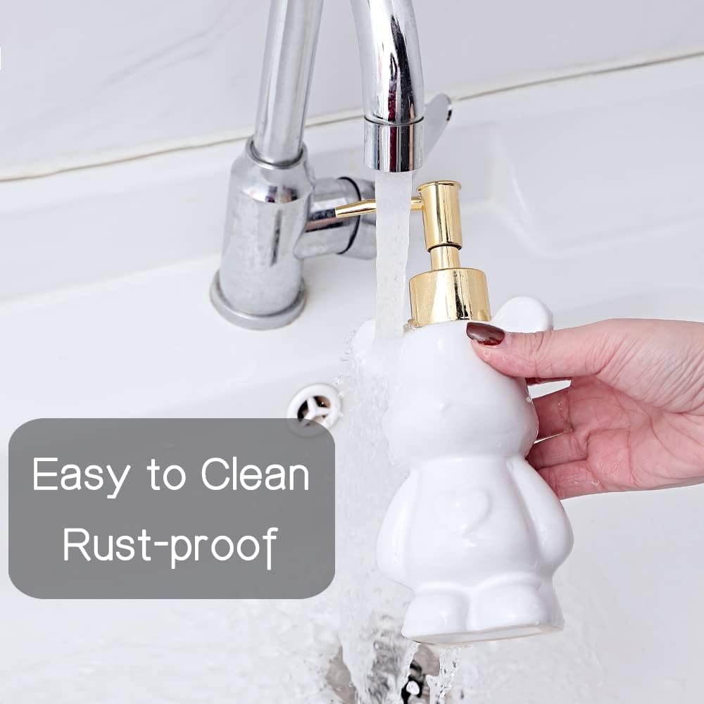 Dispensador de jabón de baño pequeño con bomba, bonito diseño en forma de oso, dispensador de jabón líquido de cerámica (blanco)
