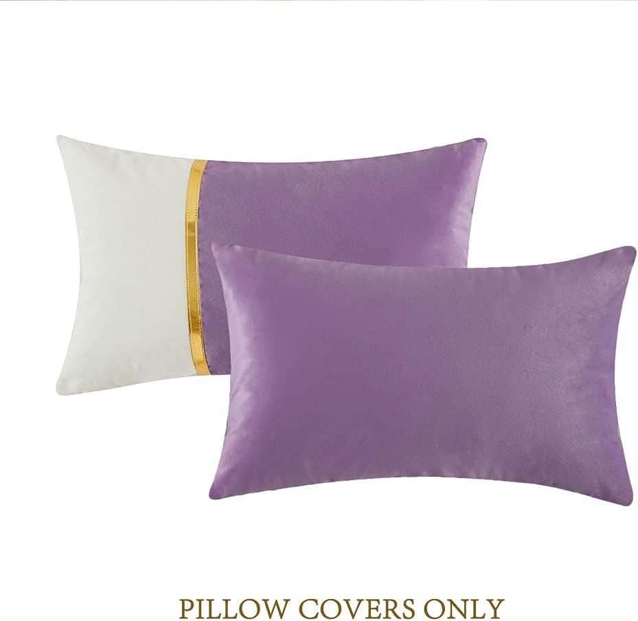 Fancy Homi 2 paquetes de fundas de almohada decorativas de 12 x 20 pulgadas para sofá cama de sala, retazos de terciopelo morado y blanco con cuero