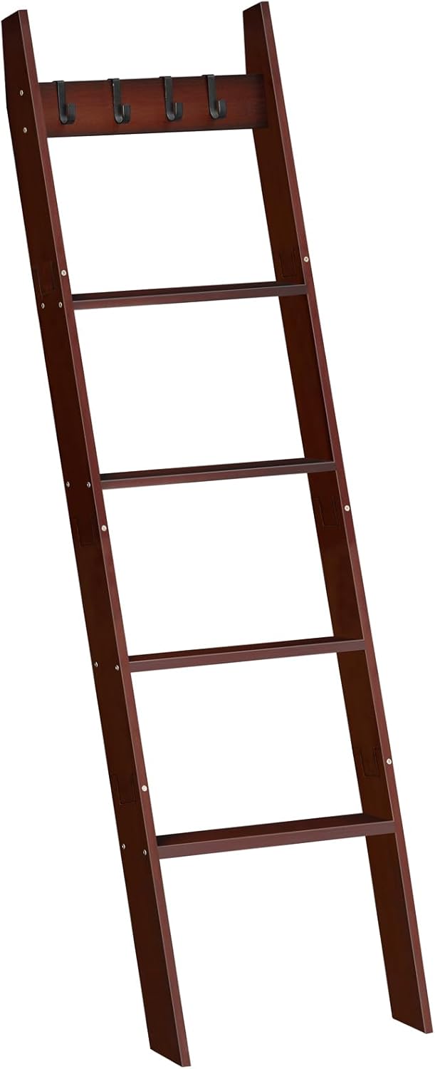 Escalera para manta para sala de estar y dormitorio, toallero de pared de 5 niveles para baño, estante decorativo de escalera con 4 ganchos