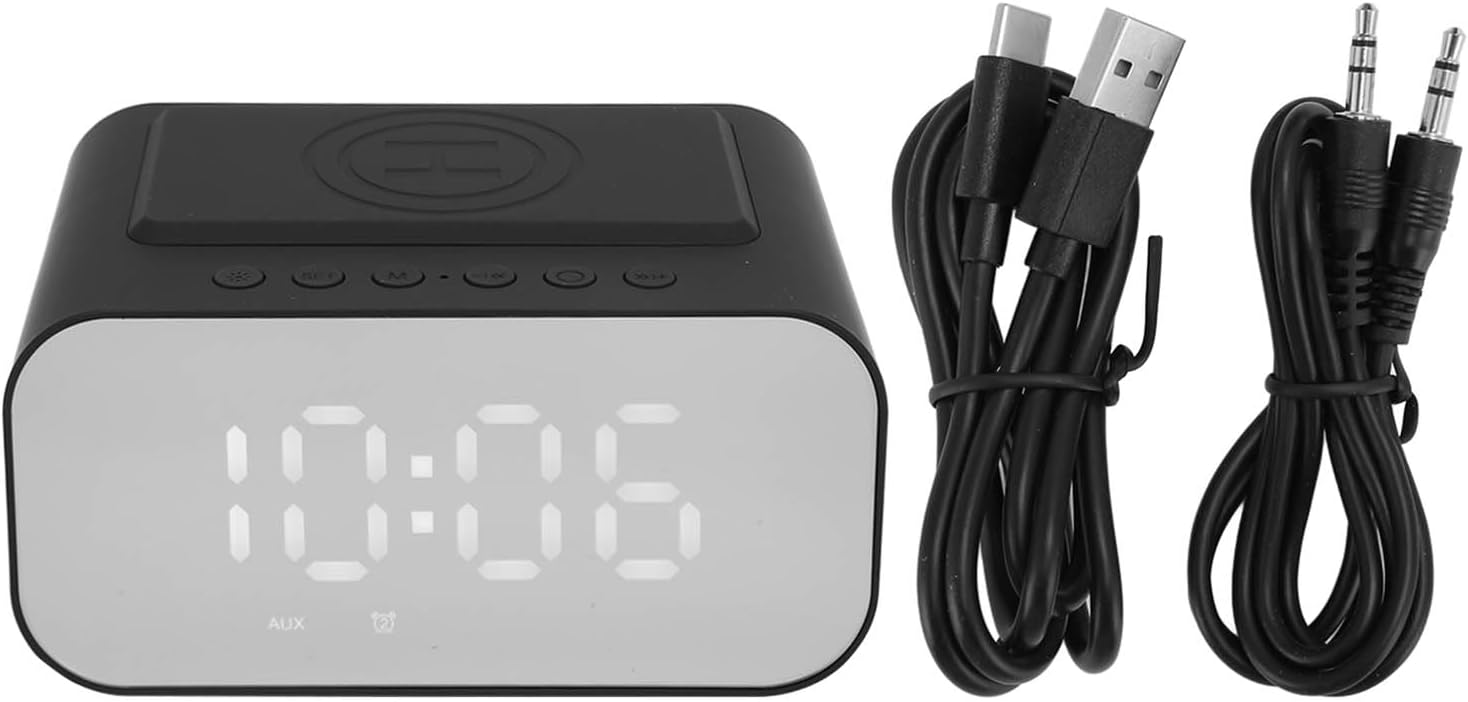Altavoz Bluetooth con reloj despertador, cargador inalámbrico de 15 W de carga rápida, radio FM, temporizador de sueño, 3 niveles de brillo