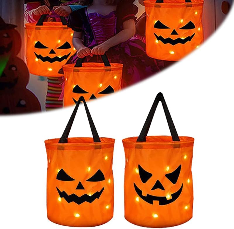 Bolsas de dulces de Halloween con luz LED para niños y adultos, cubo multiusos de Halloween para dulce o truco con cara sonriente de calabaza para