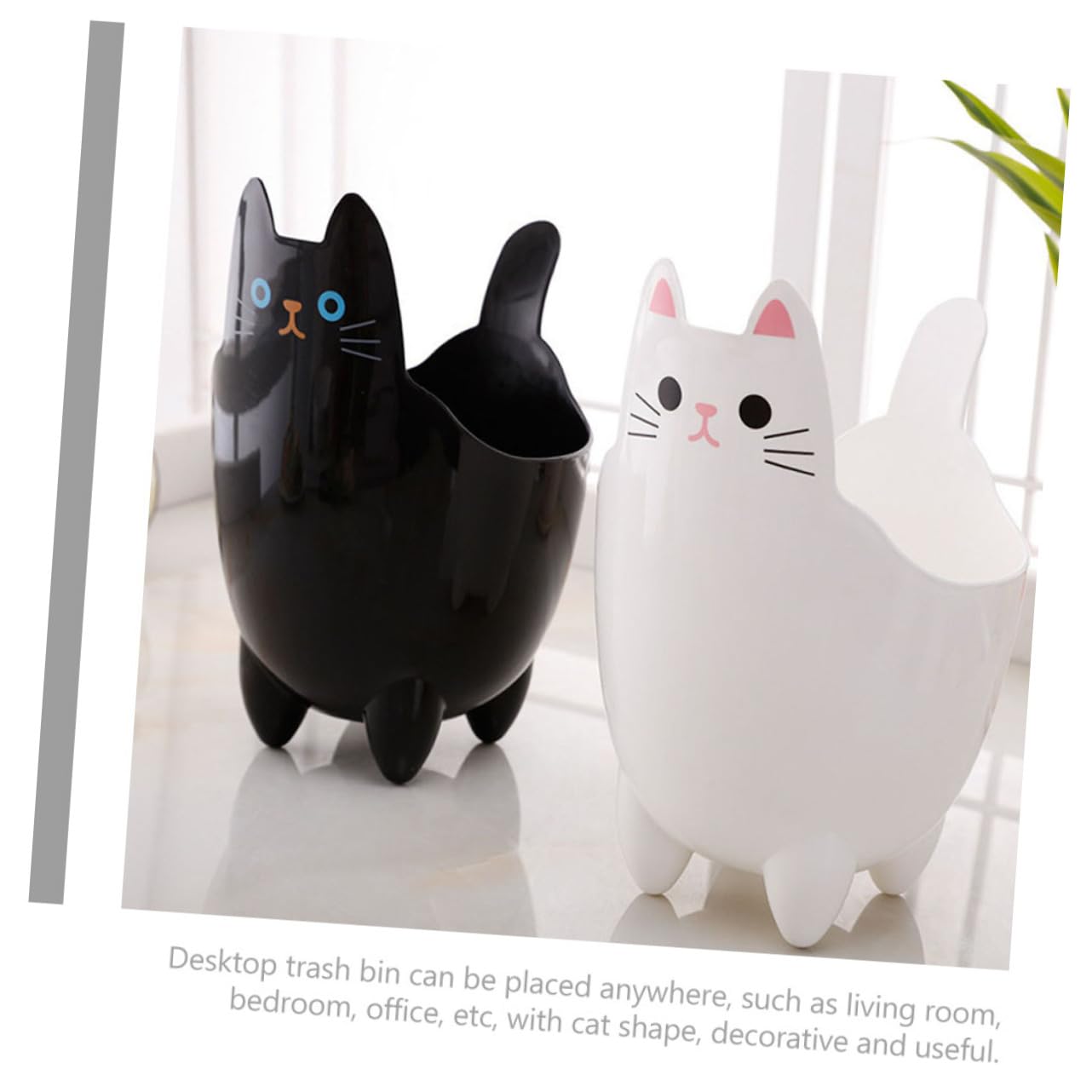 STOBAZA Bote de basura con forma de gato de escritorio, pequeño bote de basura con tapa de cubo de basura de plástico, cubo de basura decorativo,