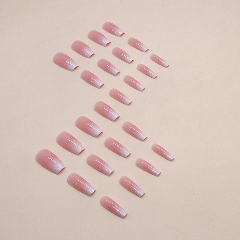 Uñas postizas rosadas a presión de longitud media, uñas postizas de ataúd con diseños de brillantina, uñas acrílicas nude, uñas con pegamento