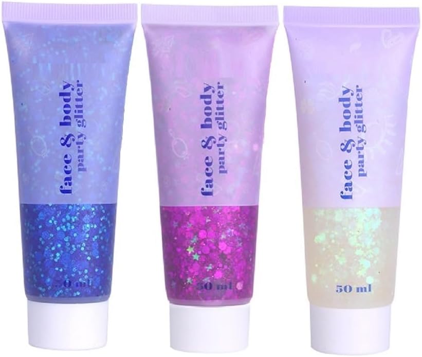 Brillantina facial de 3 colores, traje de neón brillante para cabello, cara y cuerpo con purpurina en gel resaltador (01-azul y 04-rosa y 06-blanco