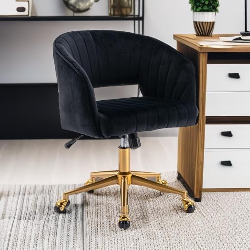 Silla de oficina en casa, silla giratoria de terciopelo para escritorio, sillón tapizado moderno con base dorada para niñas y mujeres, asiento de