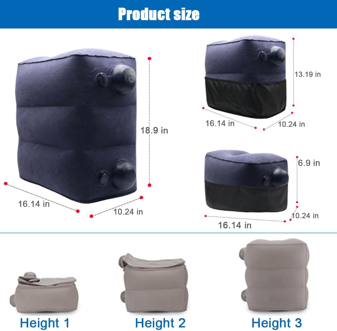 Paquete de 2 reposapiés inflables para viajes aéreos, reposapiés de viaje en avión, altura ajustable, cocheavión, almohada reposapiés con bomba para