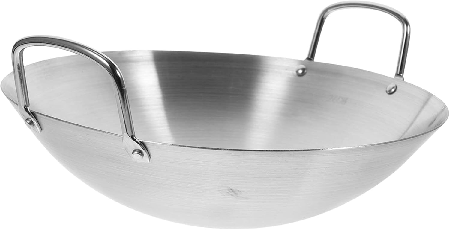 Luxshiny Sartén de acero inoxidable para wok, sartén de 10.2 in, estilo tradicional, utensilios de cocina antiadherentes con doble asa para