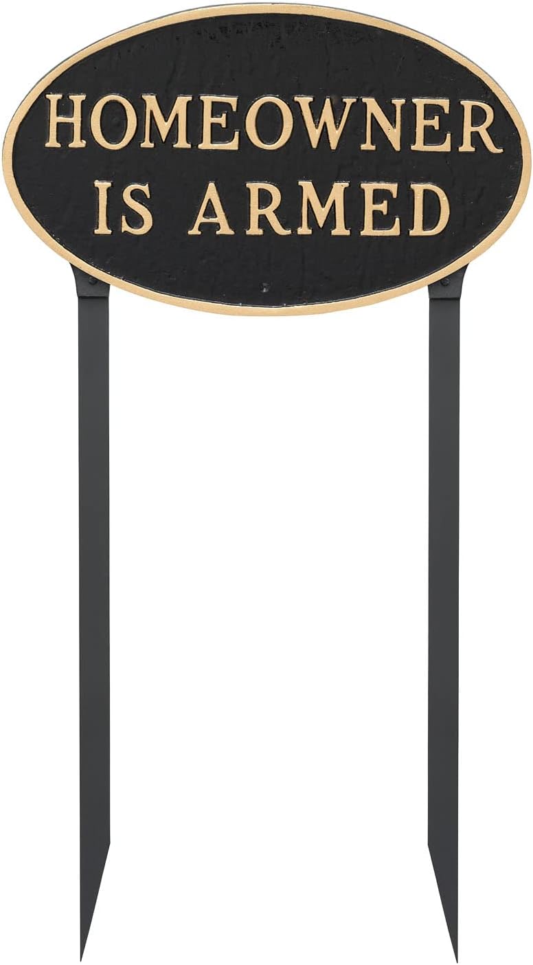 Placa ovalada de metal fundido para el propietario de casa con diseño de armado – Placa de exhibición de pared o césped – Letrero de seguridad para