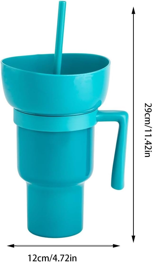 Vaso de estadio con cuenco para aperitivos, reutilizable, a prueba de fugas, 2 en 1, con pajilla, vaso portátil para bebidas en la parte superior,