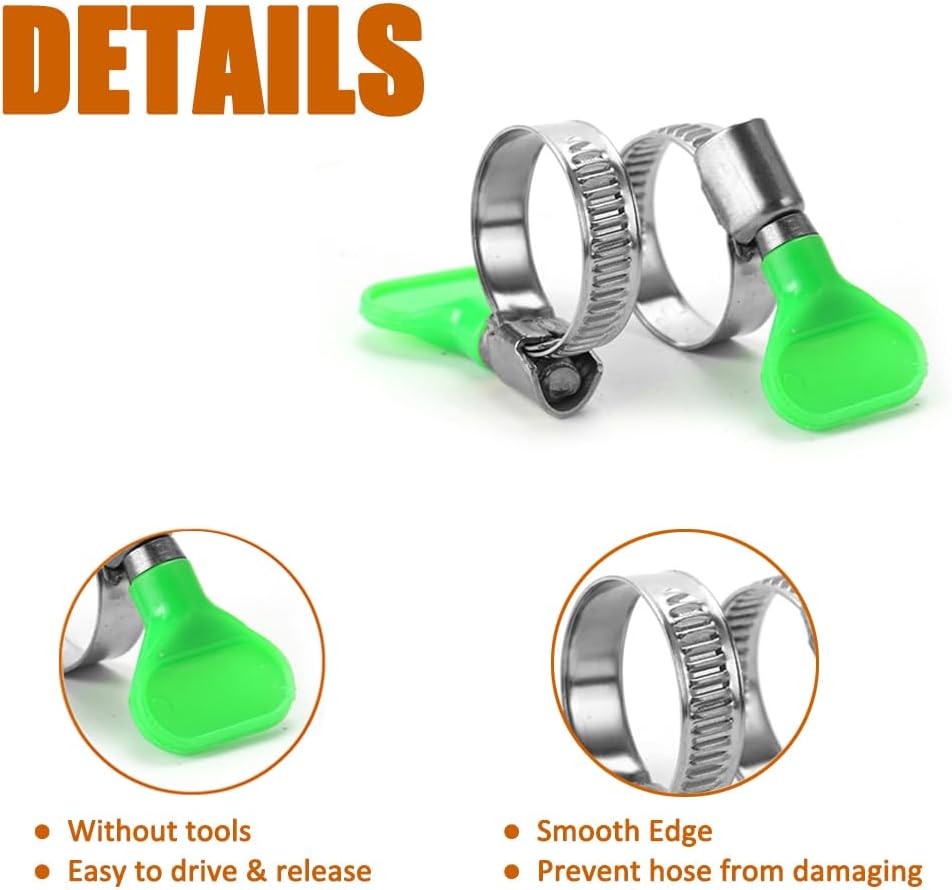 ISPINNER 20 abrazaderas de manguera de llave de 0.31 a 0.47 pulgadas, tornillo de pulgar, abrazaderas de manguera de acero inoxidable ajustables