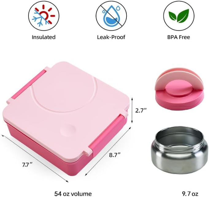Lonchera Bento para niños  Lonchera aislada con termo de 8 onzas, recipientes de almuerzo a prueba de fugas con 4 compartimentos y 2 zonas de