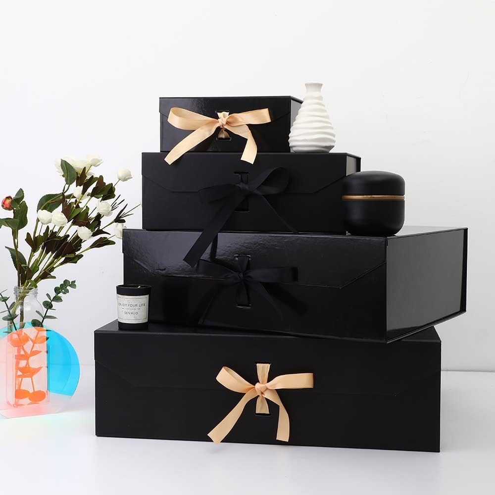 Caja de regalo negra grande, 12 x 8 x 4.5 pulgadas, caja de regalo grande con cinta, caja de regalo negra con tapa de cierre magnético, caja de