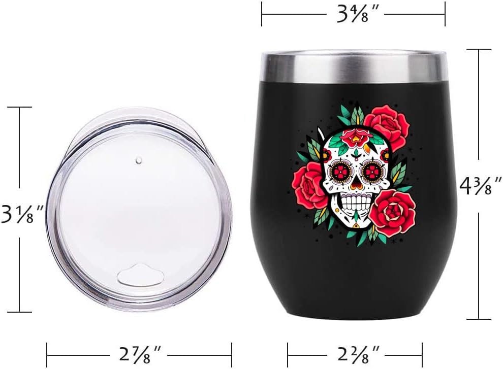 KAIRA Sugar Skulls Gifts – Vaso de vino de doble pared aislado al vacío, divertido vaso de viaje de acero inoxidable al vacío con tapa, 12 onzas,